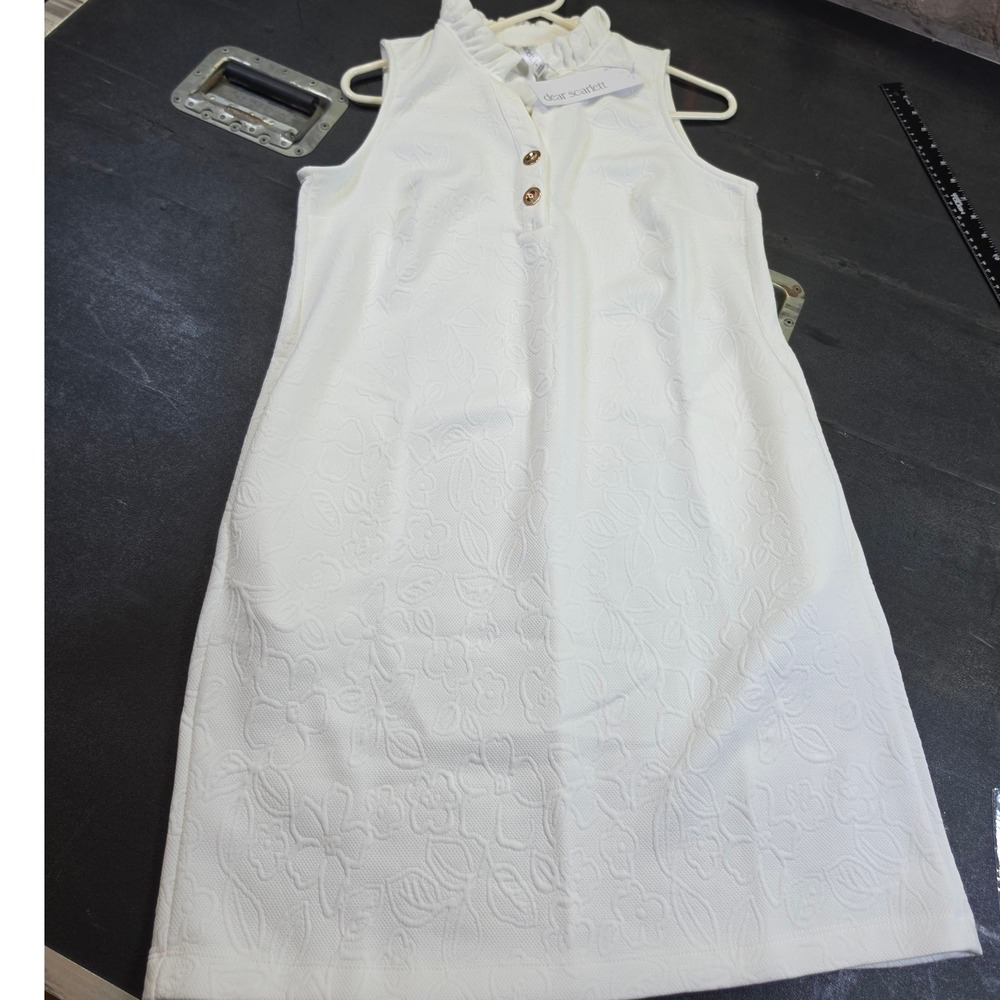 Dear Scarlett Resort White Floral Jacquard Ruffle Neck Sleeveless Dress Small